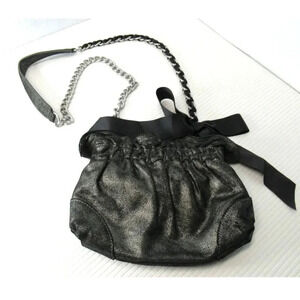 Ann Taylor LOFT Black Silver Leather Shoulder Bag Chain Strap Bow